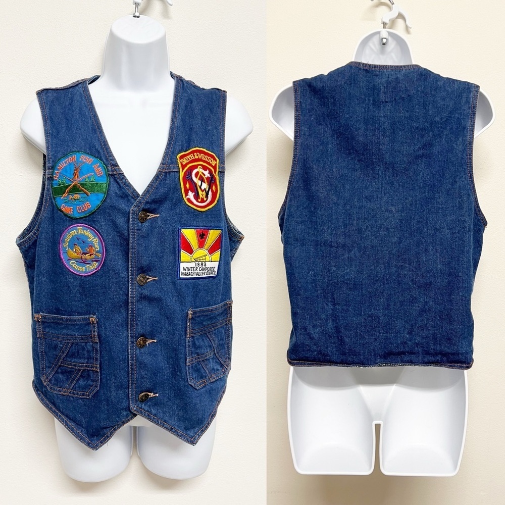 Vintage 80s American Unisex Cotton Denim Jean Button Up Patches Vest Size 40